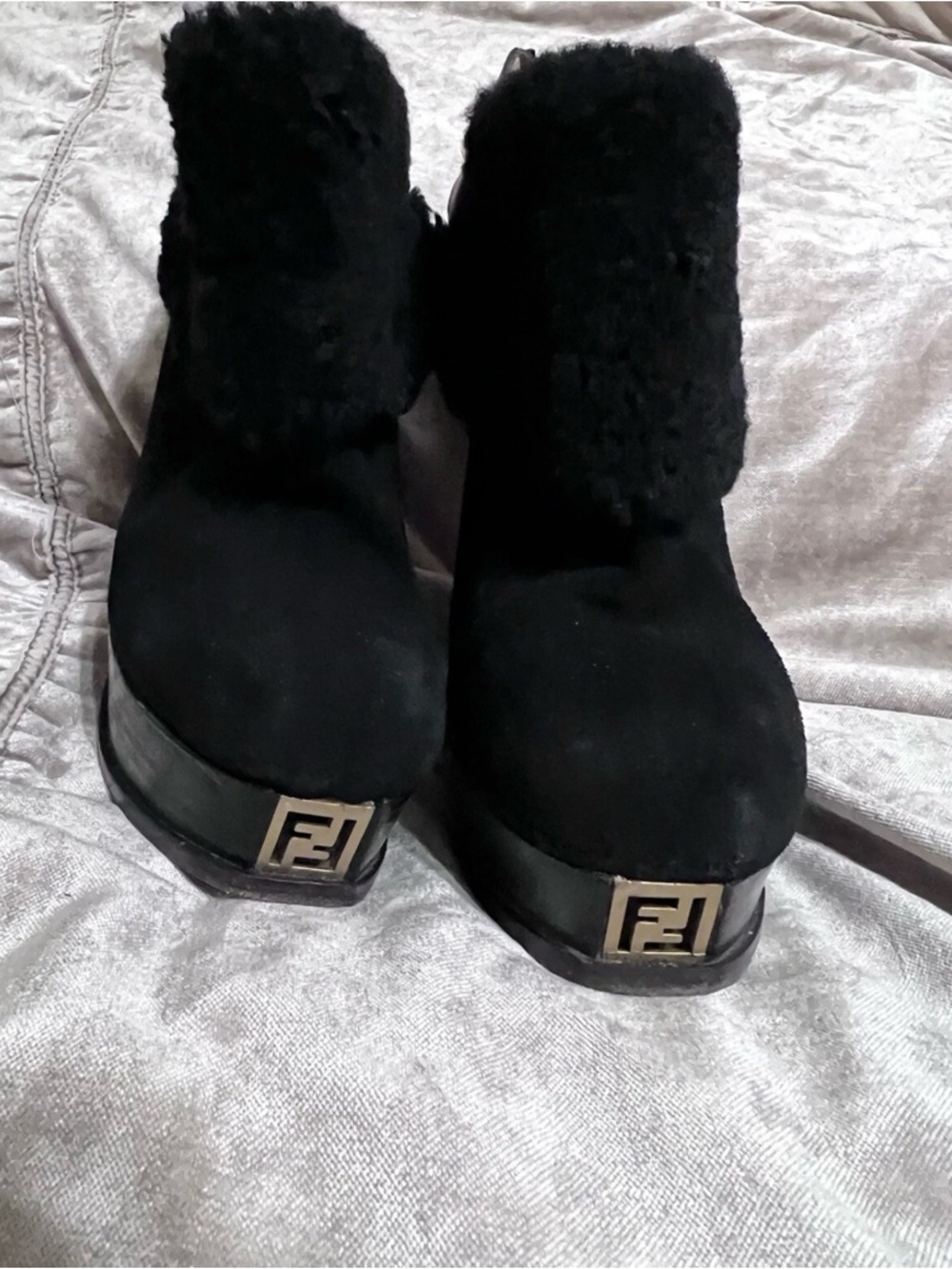 Fendi FF Black Fendista Shearling Fur Suede Buckled Platform Ankle Boot 39 - Picture 2 of 8